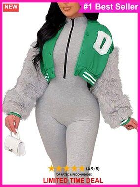 Cropped Varsity Letterman Jacket Faux Fur Sleeves Button Down
